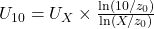 U_{10} = U_X \times \frac{\ln(10/z_0)}{\ln(X/z_0)}